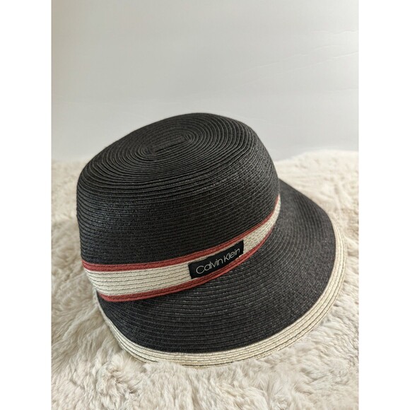 CALVIN KLEIN Women's Sun Hat Striped  Paper Polyester Black White Red One Size - Picture 2 of 7